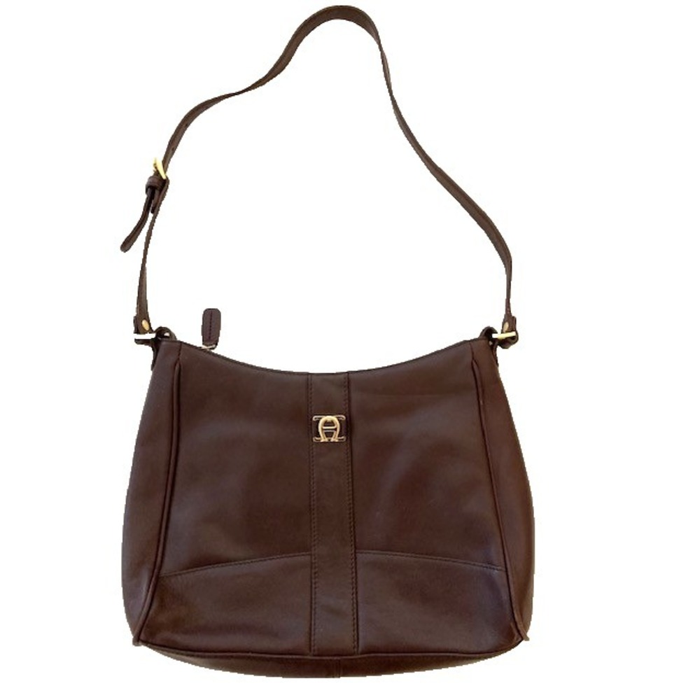 Etienne Aigner Brown Leather Shoulder Bag Logo Accent Zip Closure Inner Pockets